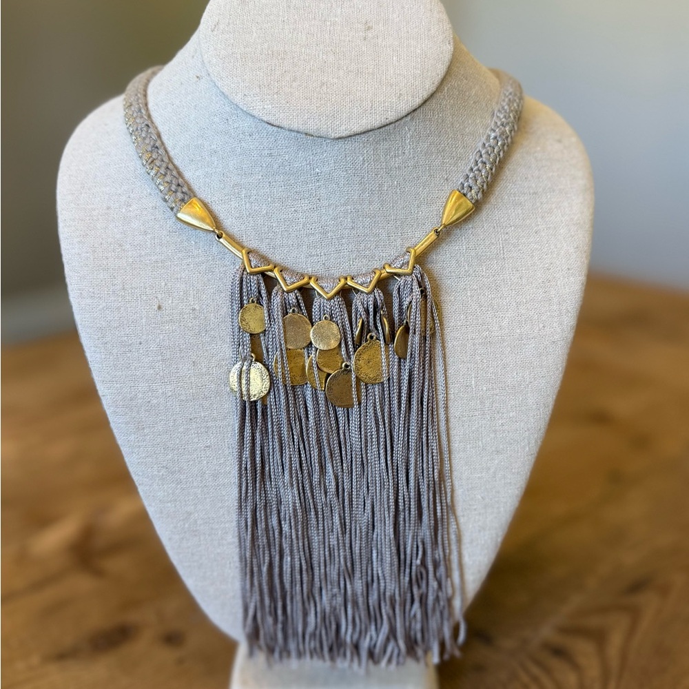Stella & Dot Gold and Gray Samar Fringe Statement Necklace